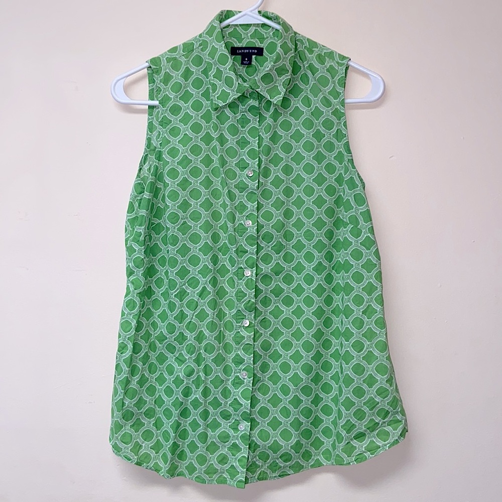 Lands’ End Button Up Top Sleeveless Green White Design with Collar Size 6 Pleat